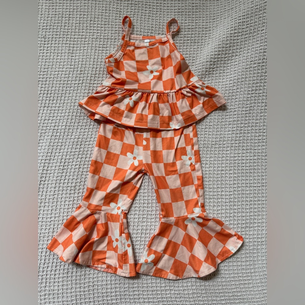 Orange Checkered Ruffle Groovy Outfit 12-18 months
